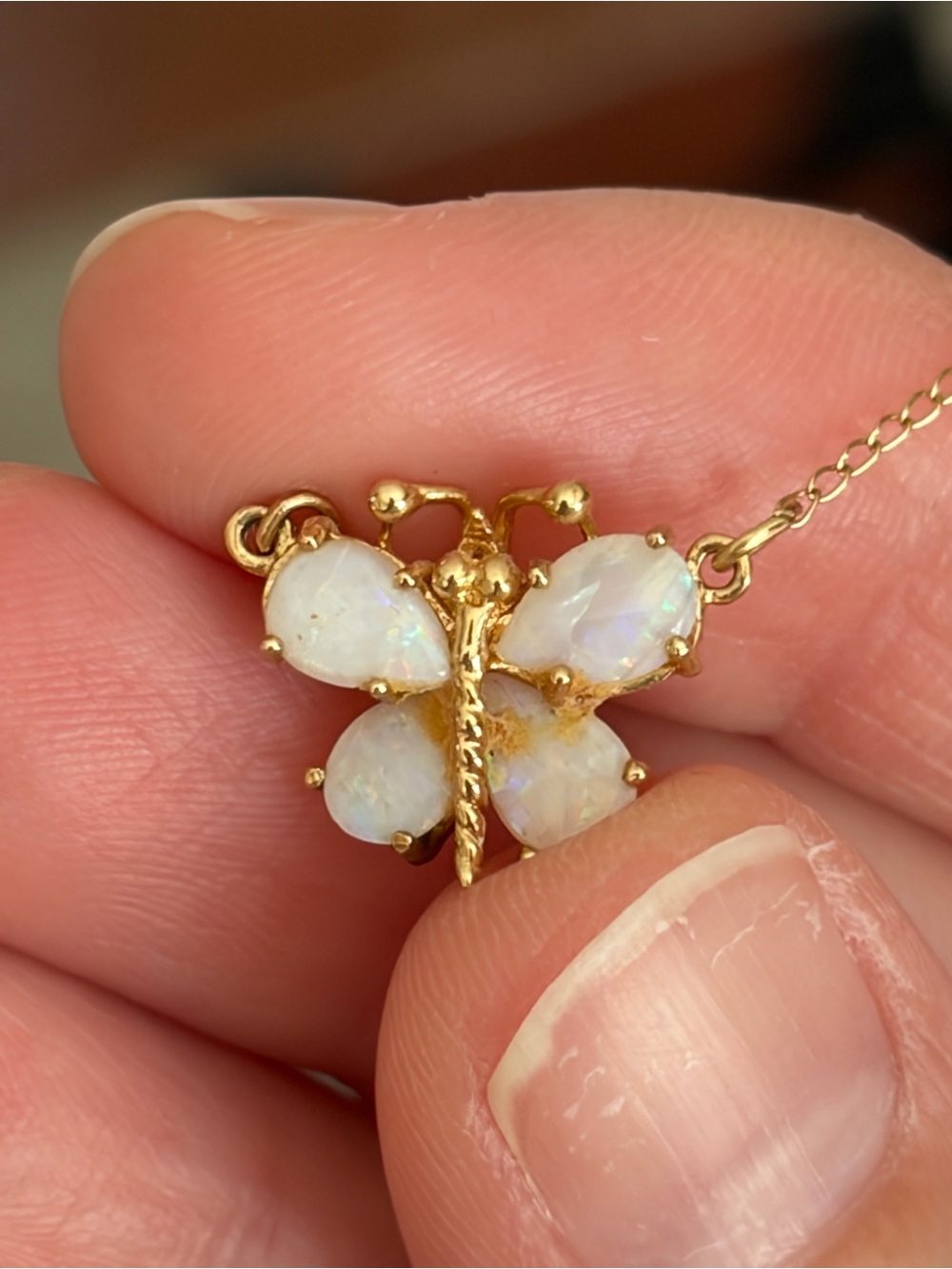 Delicate Gold Butterfly Necklace with Opalescent Stones